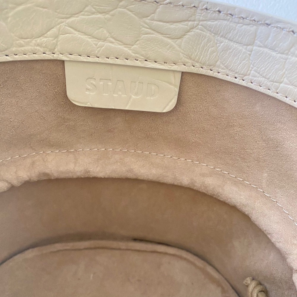 Staud Bissett Bucket Bag Cream Croc Embossed Leather Structured Top Handle Bag - Picture 3 of 8
